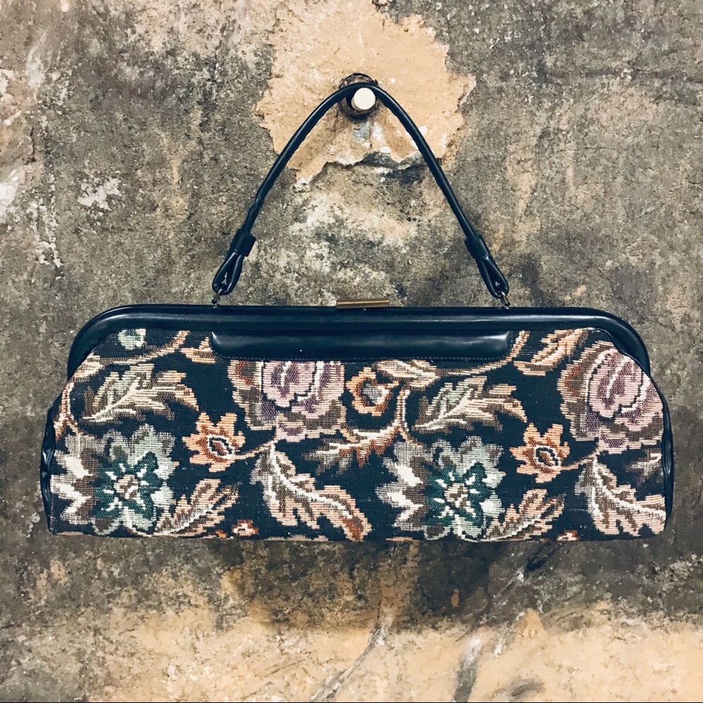 Vintage tapestry bag black floral extra long